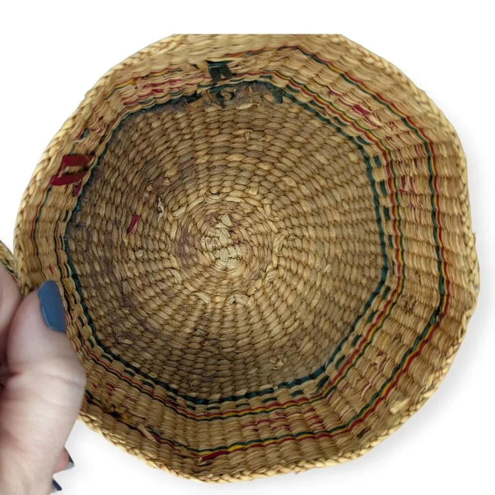 Vintage Sweetgrass Woven Basket & Matching Lid with Multicolor Pattern 6